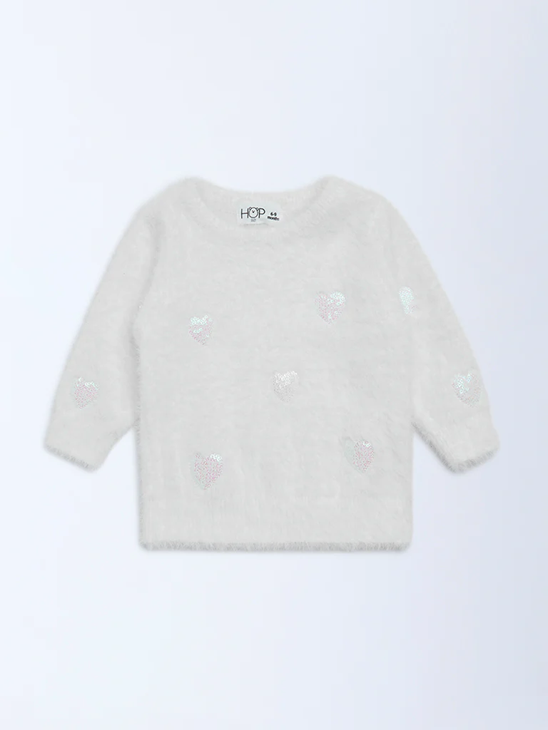 HOP Baby Girls White Embellished Fleece Sweater - Image 2
