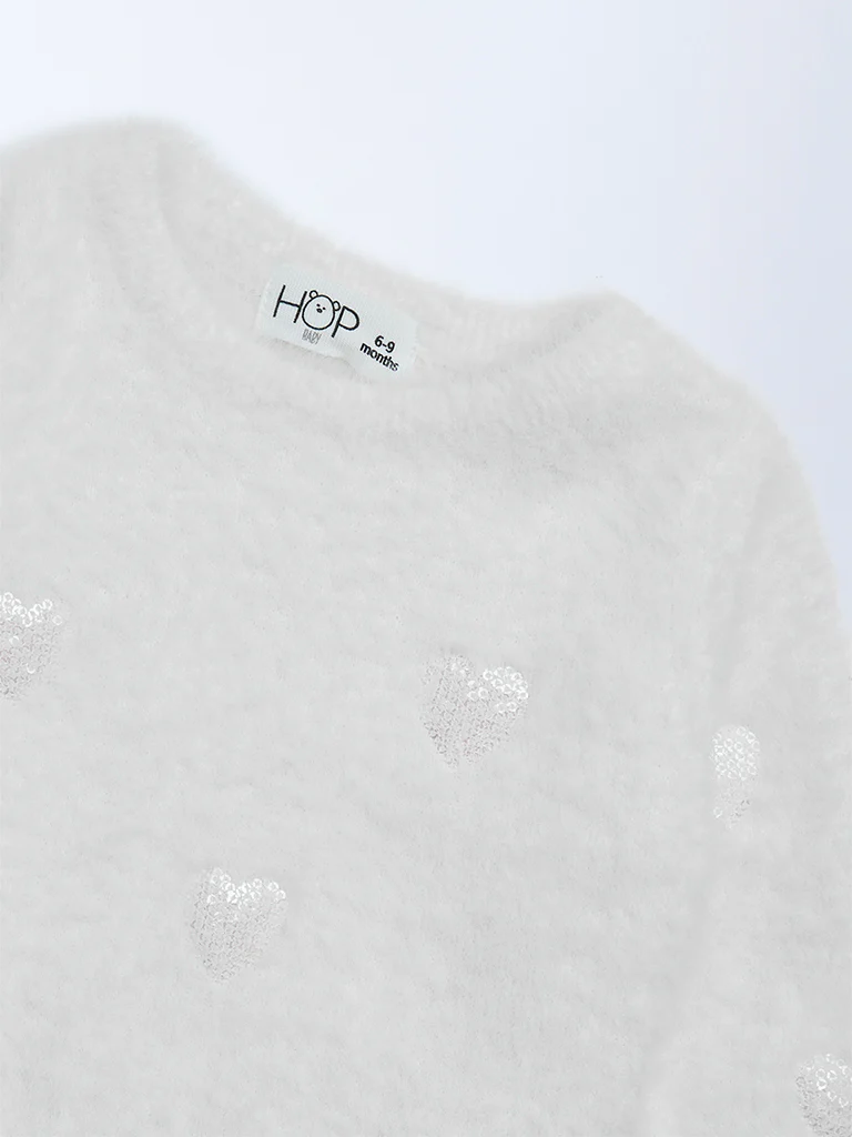 HOP Baby Girls White Embellished Fleece Sweater - Image 4