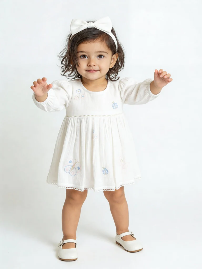 HOP Baby Girls White Embroidered A-Line Cotton Dress