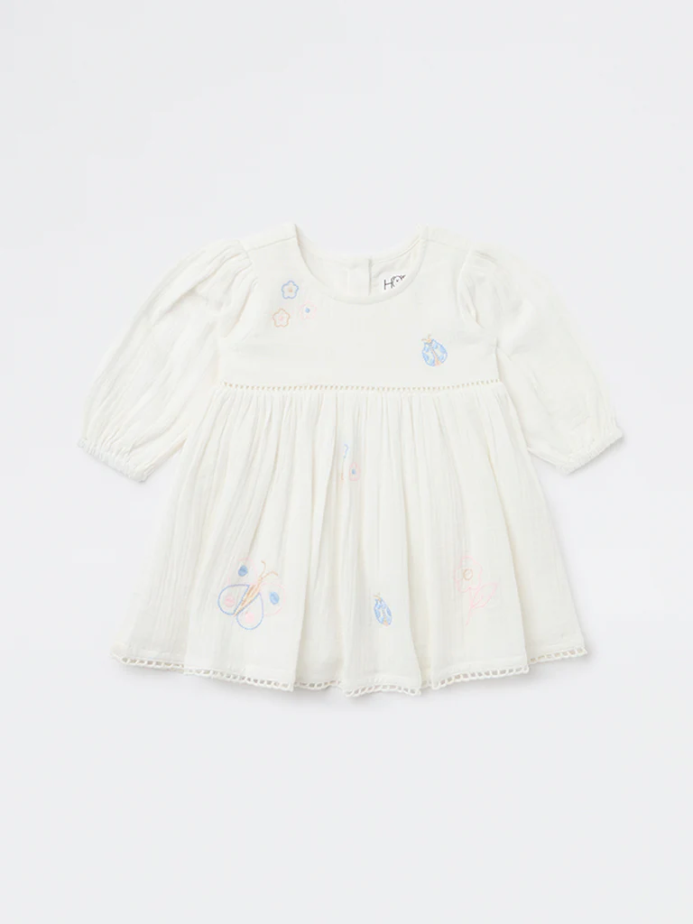 HOP Baby Girls White Embroidered A-Line Cotton Dress - Image 2