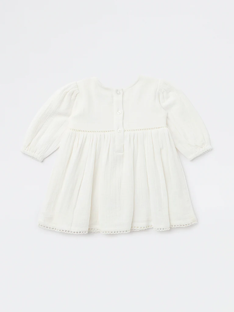 HOP Baby Girls White Embroidered A-Line Cotton Dress - Image 3