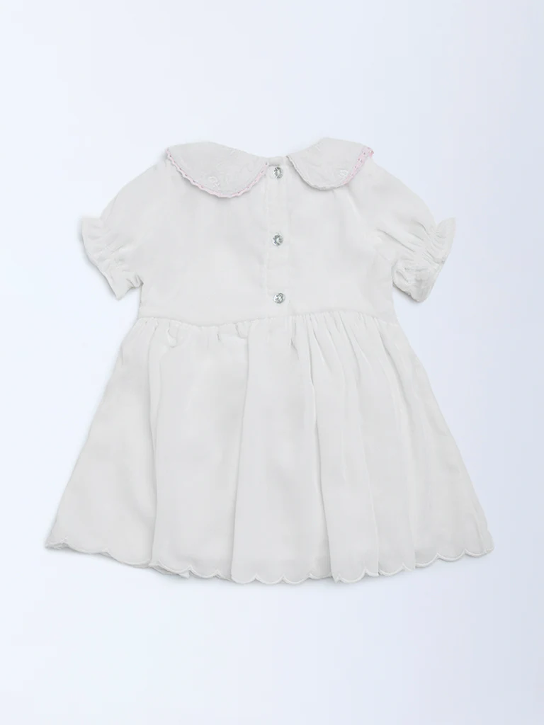 HOP Baby Girls White Embroidered Cotton A-Line Dress - Image 3