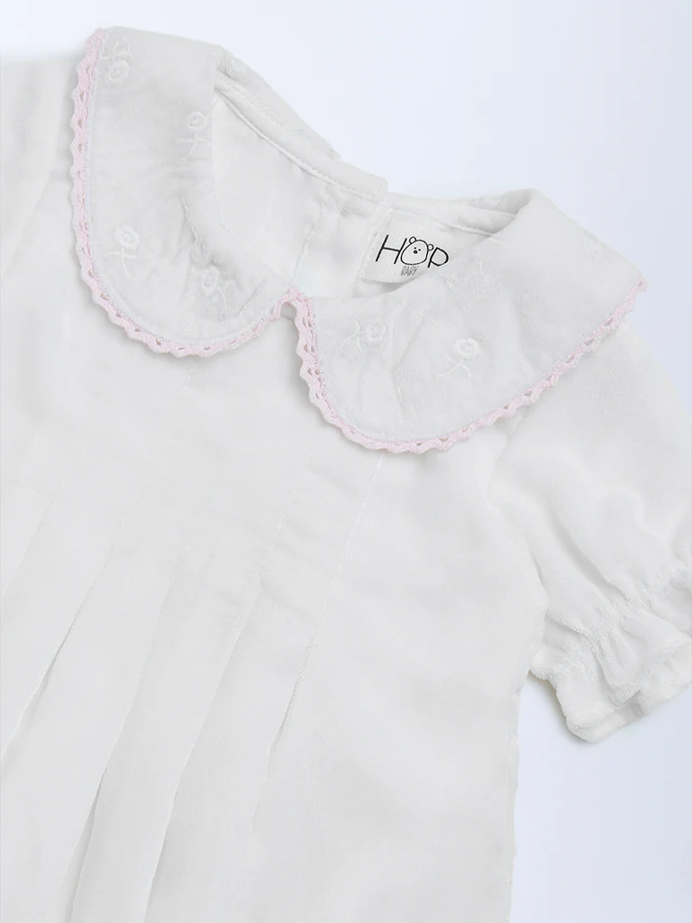 HOP Baby Girls White Embroidered Cotton A-Line Dress - Image 4