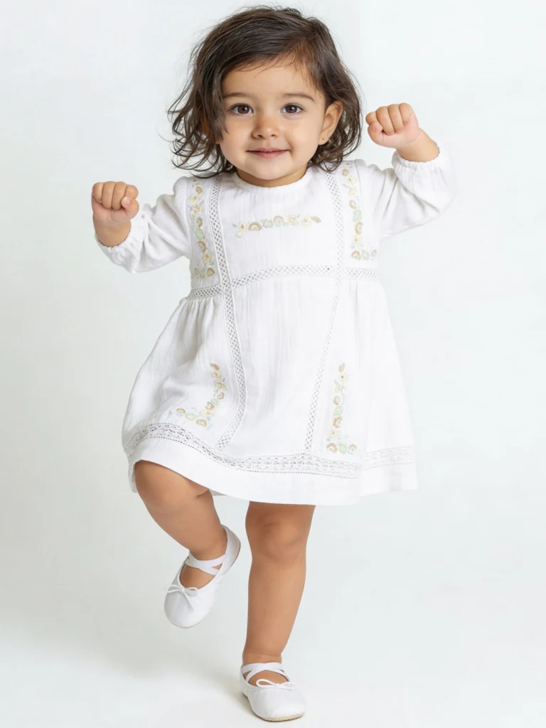 HOP Baby Girls White Embroidered Cotton A-Line Dress