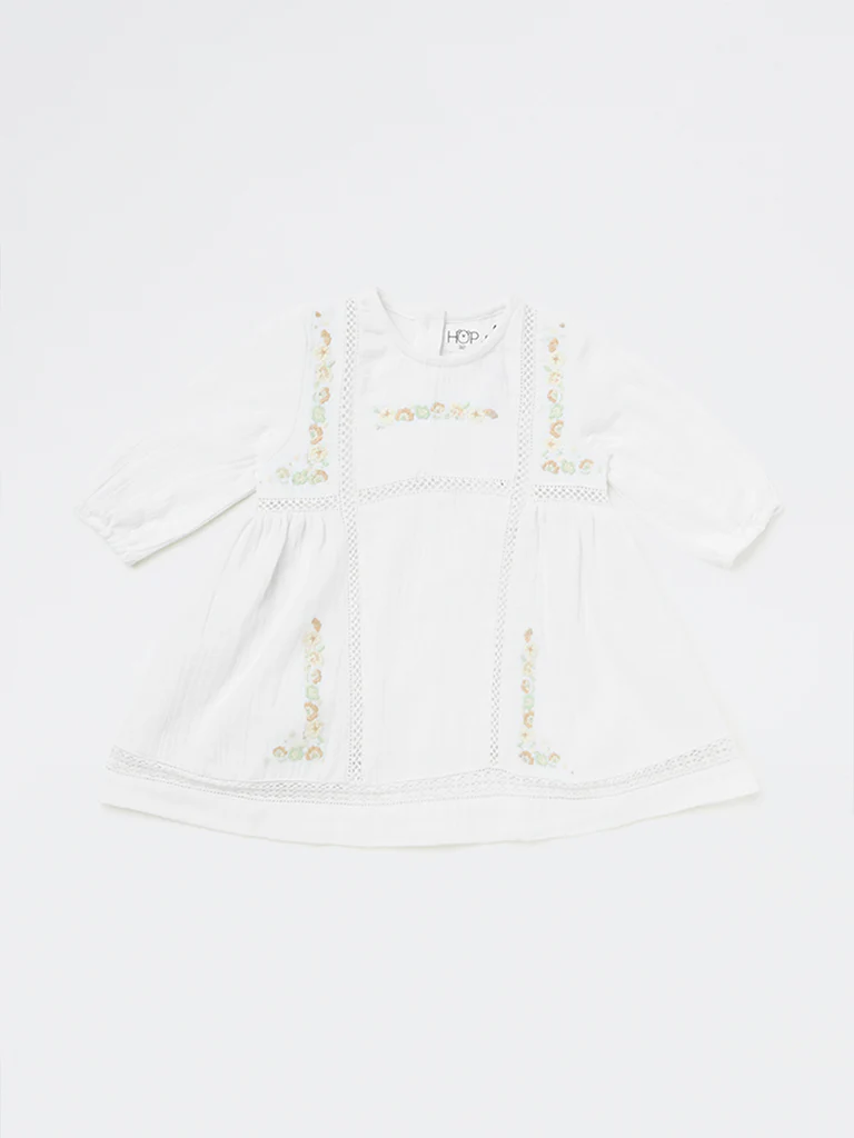 HOP Baby Girls White Embroidered Cotton A-Line Dress - Image 2
