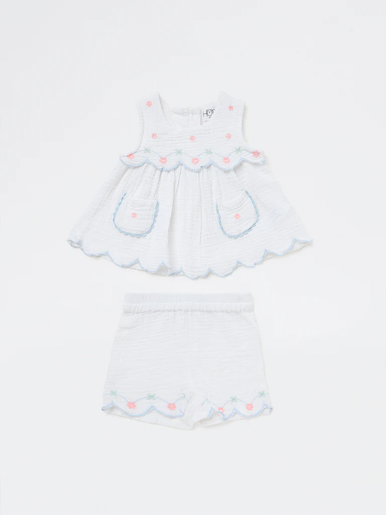 HOP Baby Girls White Embroidered Cotton A-Line Dress and Shorts Set - Image 2