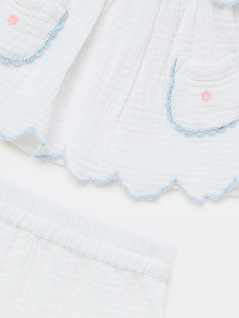 HOP Baby Girls White Embroidered Cotton A-Line Dress and Shorts Set - Image 4