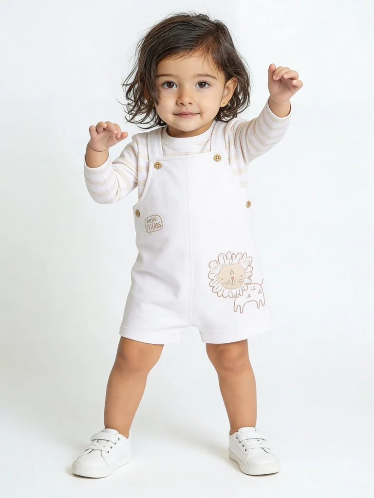 HOP Baby Girls White Embroidered Cotton Dungaree with Striped T-Shirt Set