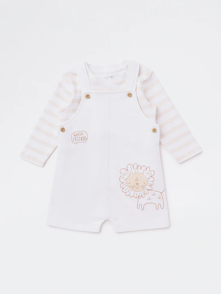 HOP Baby Girls White Embroidered Cotton Dungaree with Striped T-Shirt Set - Image 2