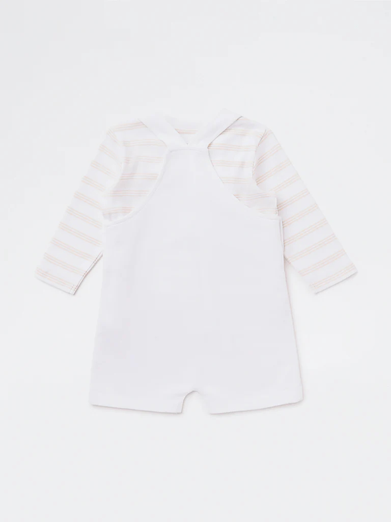 HOP Baby Girls White Embroidered Cotton Dungaree with Striped T-Shirt Set - Image 3