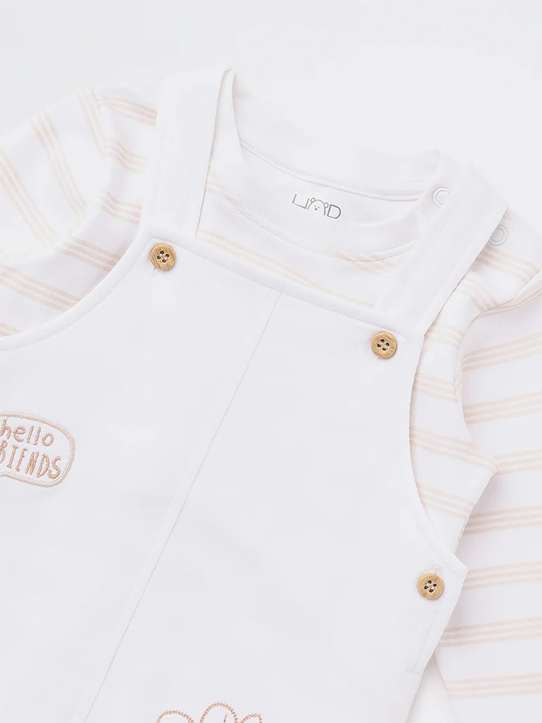 HOP Baby Girls White Embroidered Cotton Dungaree with Striped T-Shirt Set - Image 4