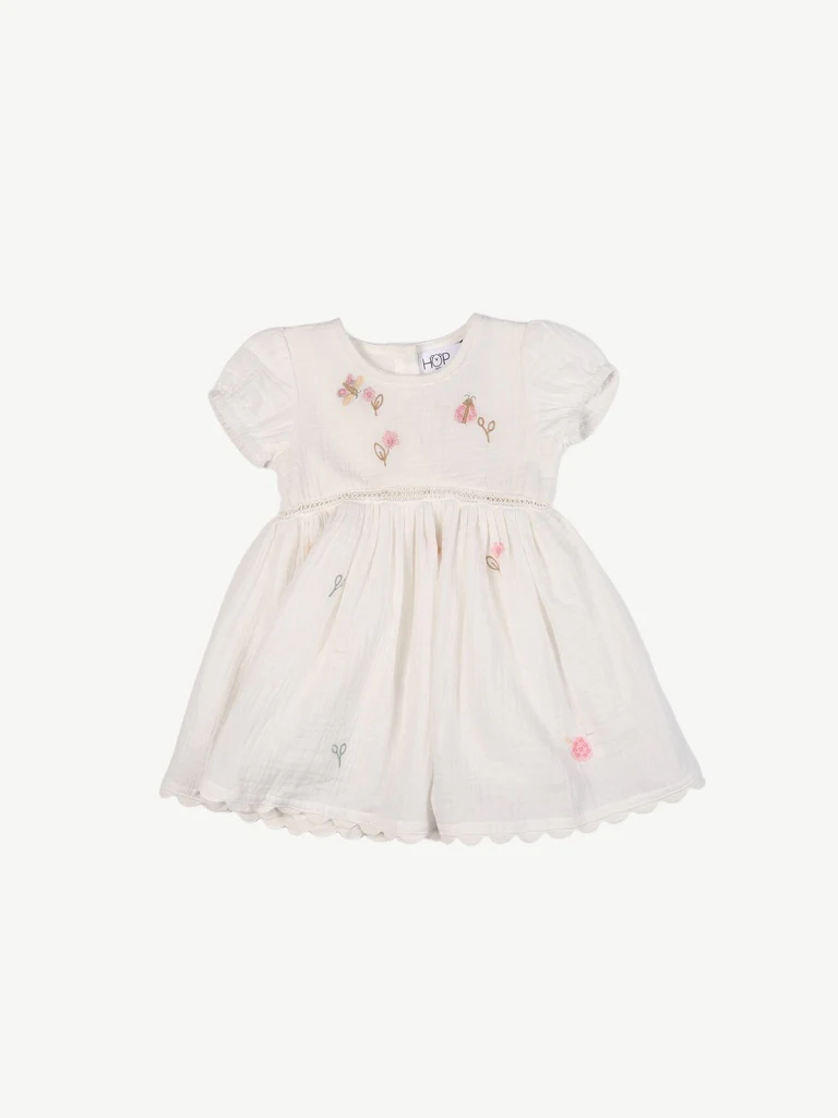 HOP Baby Girls White Embroidered Cotton Fit and Flare Dress - Image 2