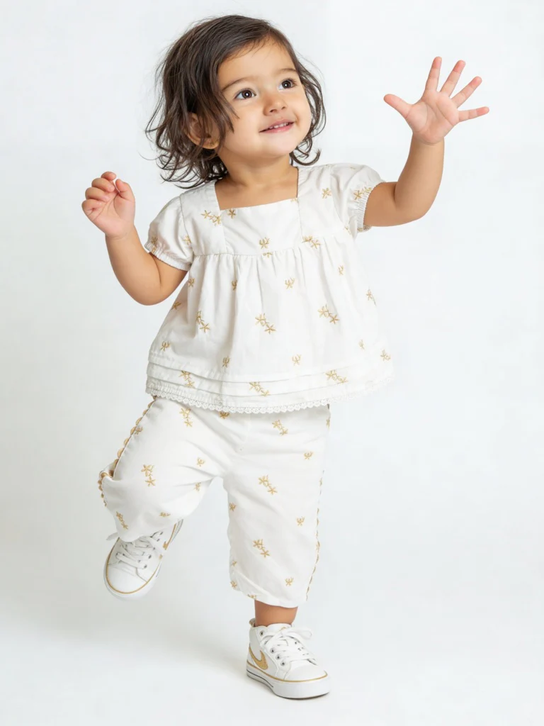 HOP Baby Girls White Embroidered Cotton Top and Pants Set