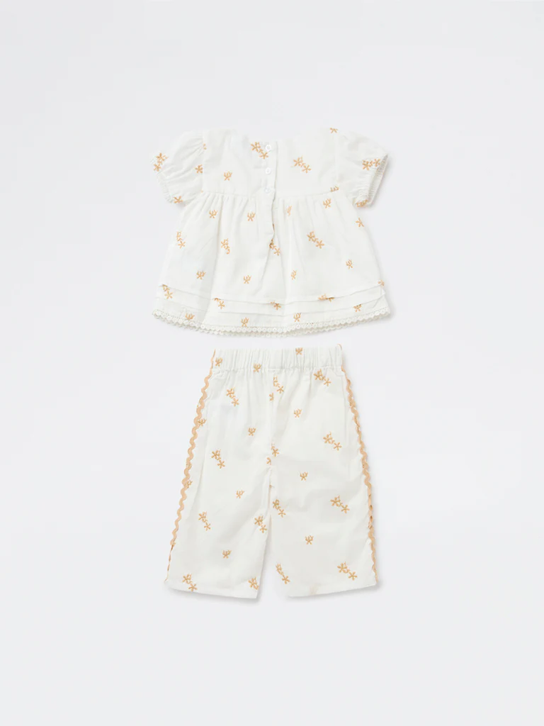 HOP Baby Girls White Embroidered Cotton Top and Pants Set - Image 3