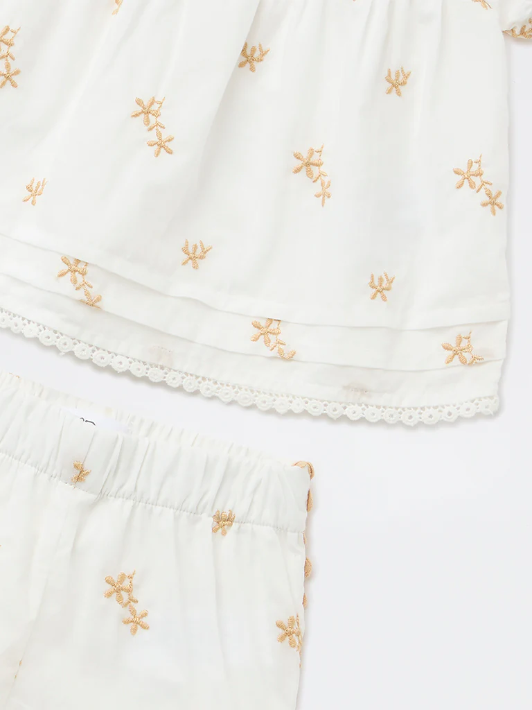 HOP Baby Girls White Embroidered Cotton Top and Pants Set - Image 4