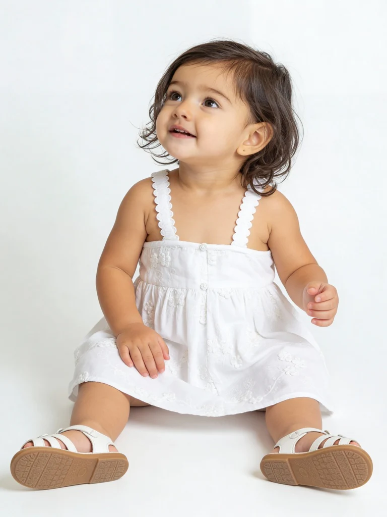 HOP Baby Girls White Embroidered Fit-and-Flare Cotton Dress