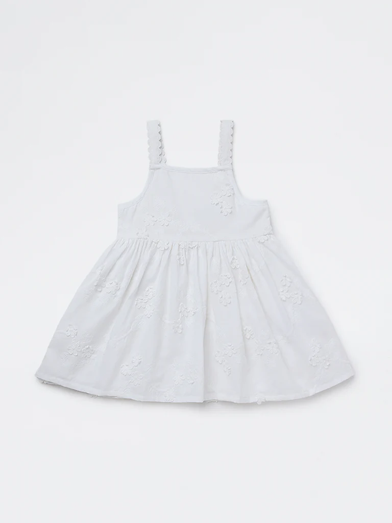 HOP Baby Girls White Embroidered Fit-and-Flare Cotton Dress - Image 2