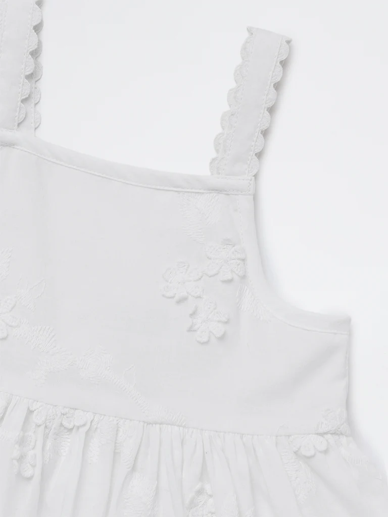 HOP Baby Girls White Embroidered Fit-and-Flare Cotton Dress - Image 4