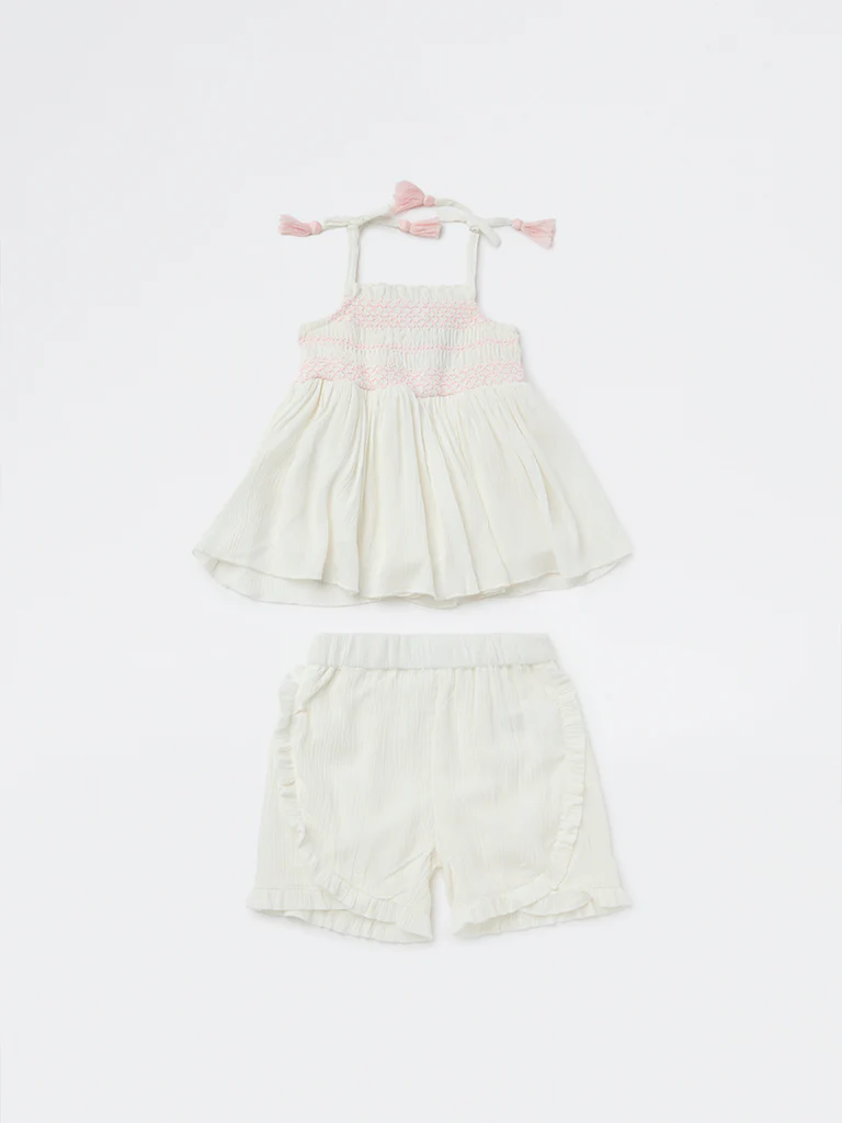 HOP Baby Girls White Embroidered Top and Shorts Set