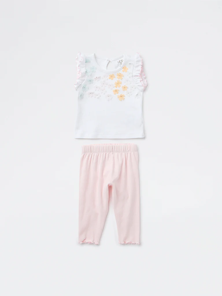 HOP Baby Girls White Floral Applique Detailed Cotton Top and Pants Set - Image 2