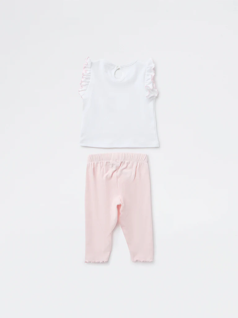 HOP Baby Girls White Floral Applique Detailed Cotton Top and Pants Set - Image 3