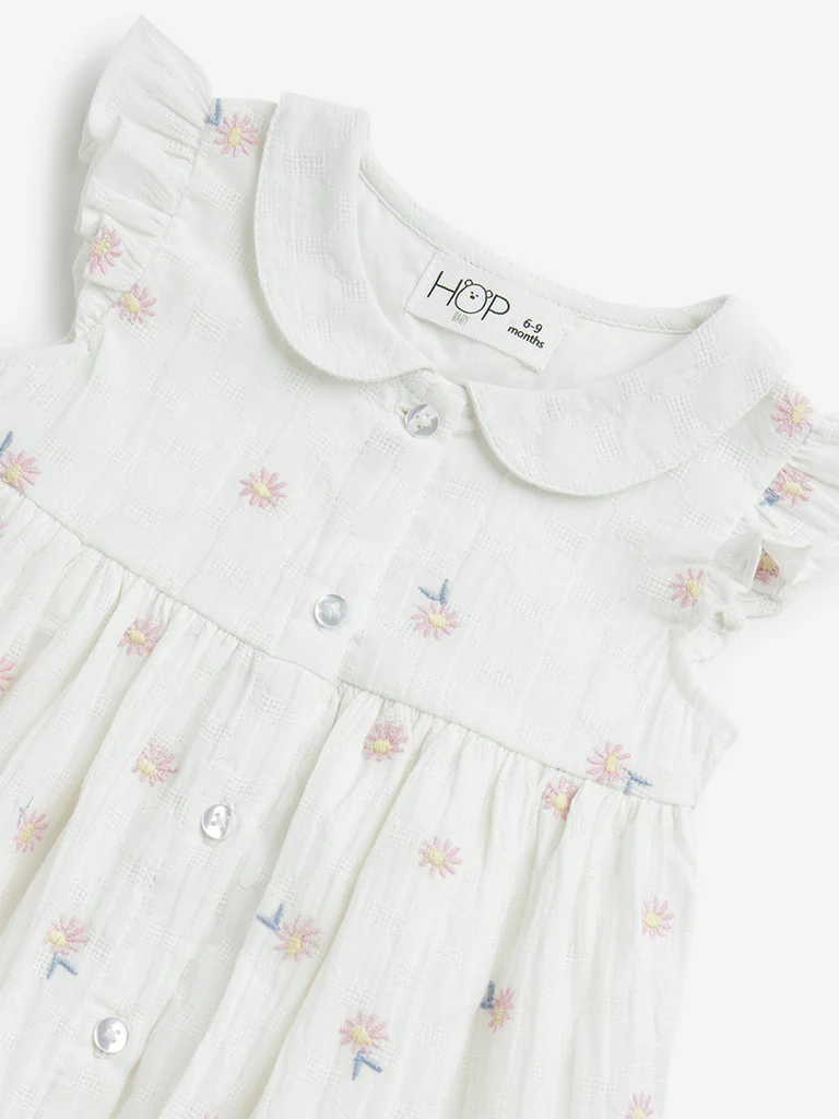HOP Baby Girls White Floral Embroidered A-Line Cotton Dress - Image 3