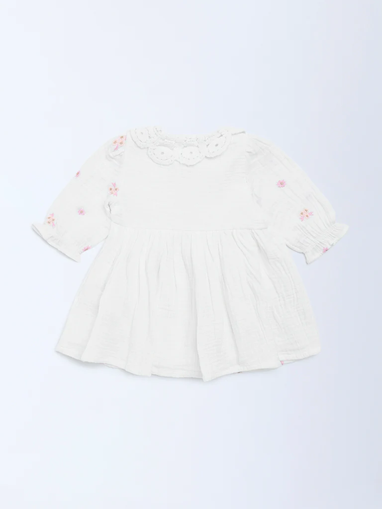 HOP Baby Girls White Floral Embroidered A-Line Cotton Dress - Image 3