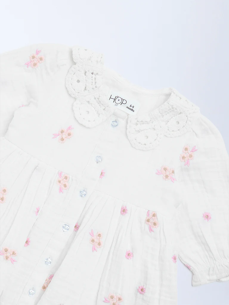 HOP Baby Girls White Floral Embroidered A-Line Cotton Dress - Image 4