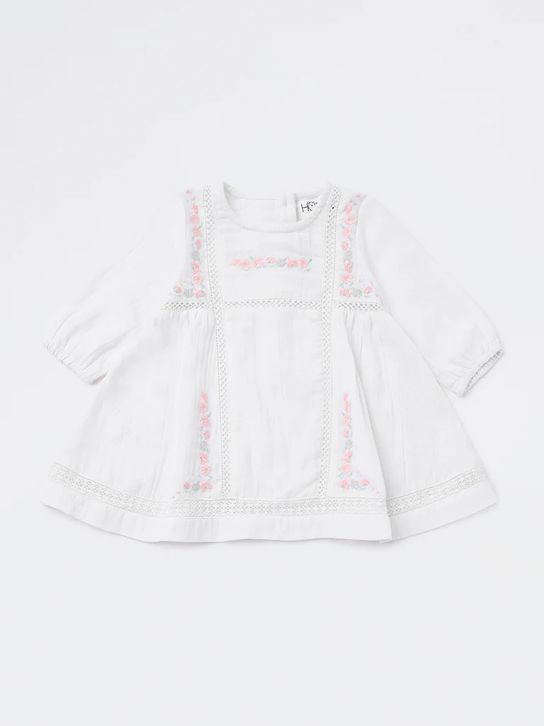 HOP Baby Girls White Floral Embroidered A-Line Cotton Dress - Image 2