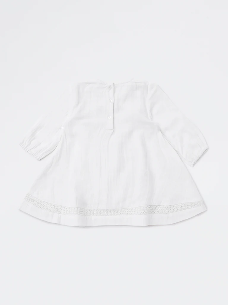 HOP Baby Girls White Floral Embroidered A-Line Cotton Dress - Image 3
