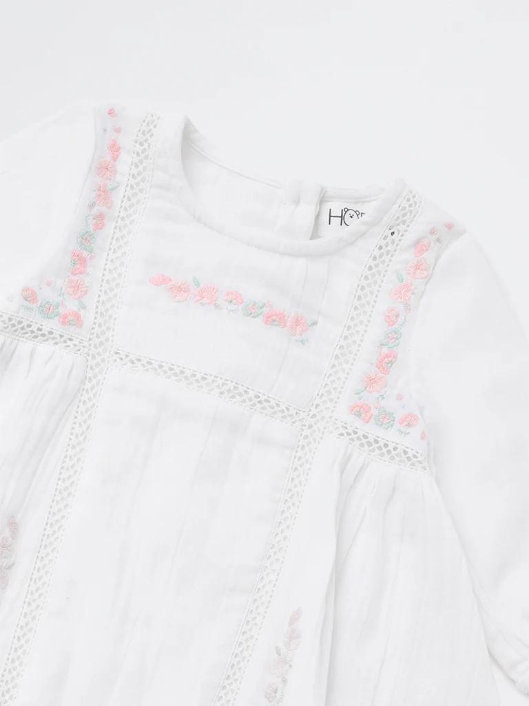 HOP Baby Girls White Floral Embroidered A-Line Cotton Dress - Image 4