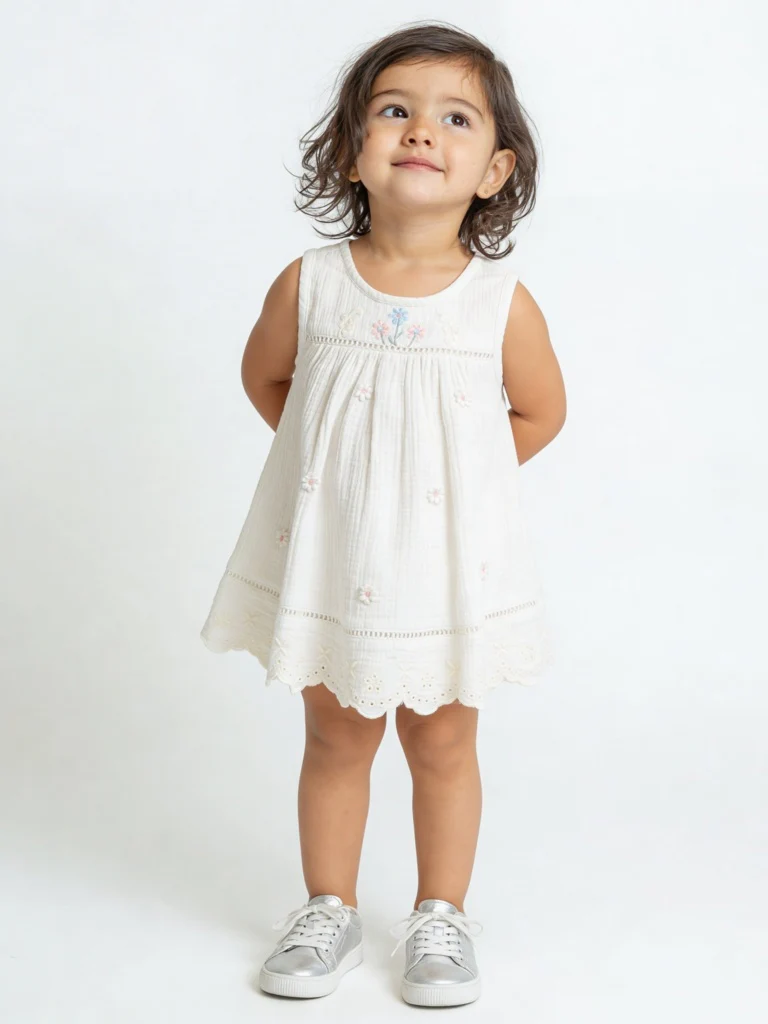 HOP Baby Girls White Floral Embroidered A-Line Cotton Dress