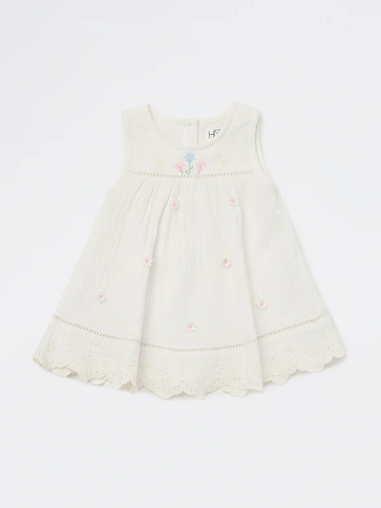 HOP Baby Girls White Floral Embroidered A-Line Cotton Dress - Image 2