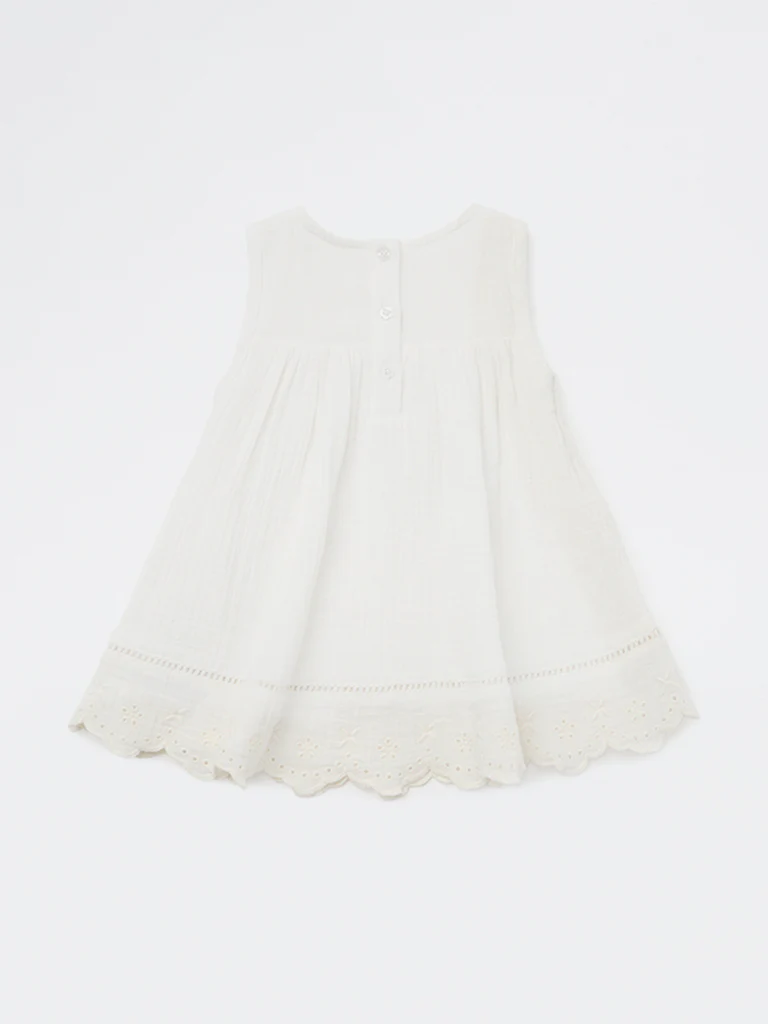 HOP Baby Girls White Floral Embroidered A-Line Cotton Dress - Image 3