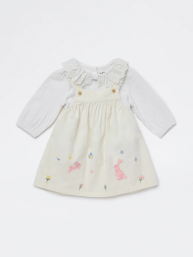 HOP Baby Girls White Floral Embroidered Cotton A-Line Dress - Image 2