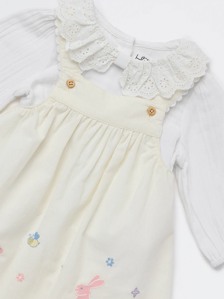 HOP Baby Girls White Floral Embroidered Cotton A-Line Dress - Image 4