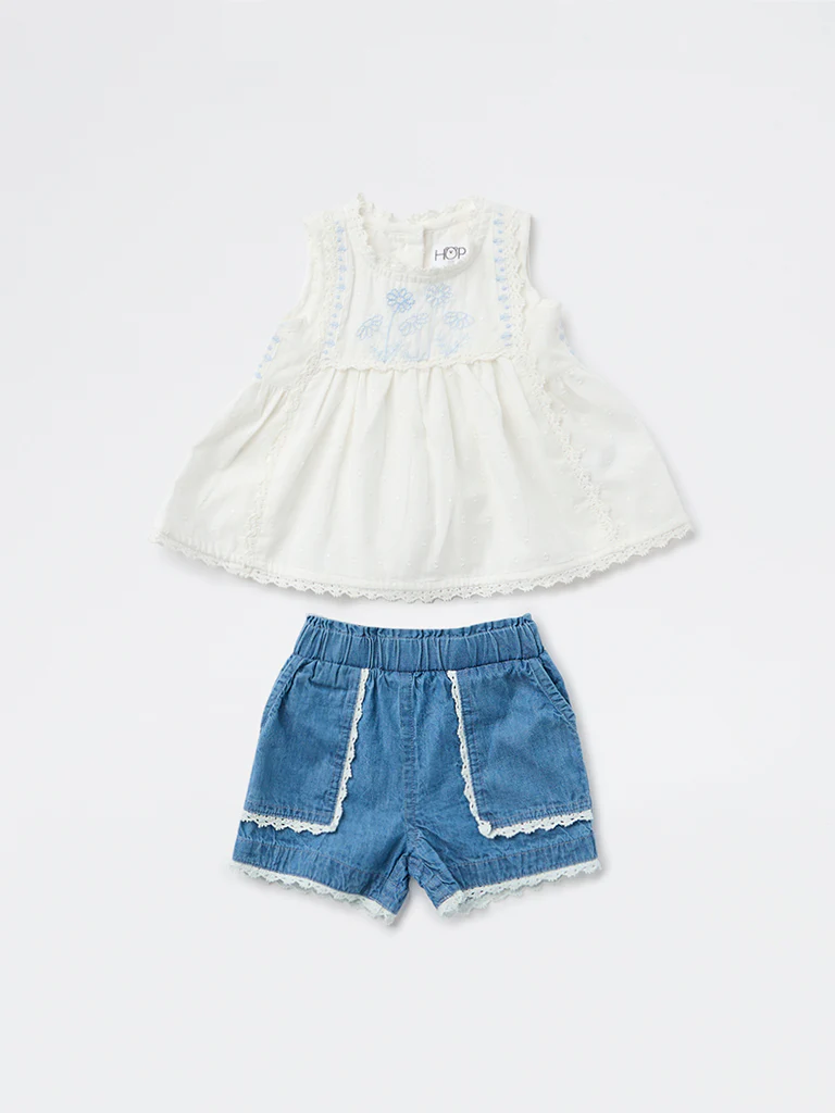 HOP Baby Girls White Floral Embroidered Cotton Top and Shorts Set - Image 2