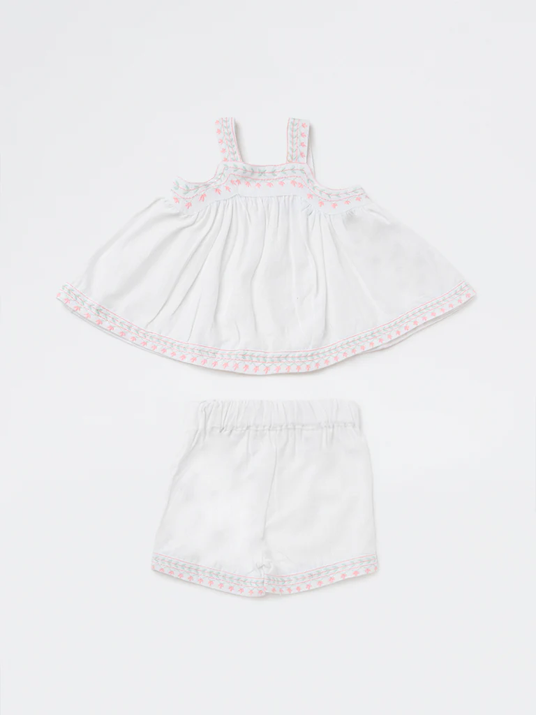 HOP Baby Girls White Floral Embroidered Top and Shorts Set - Image 3