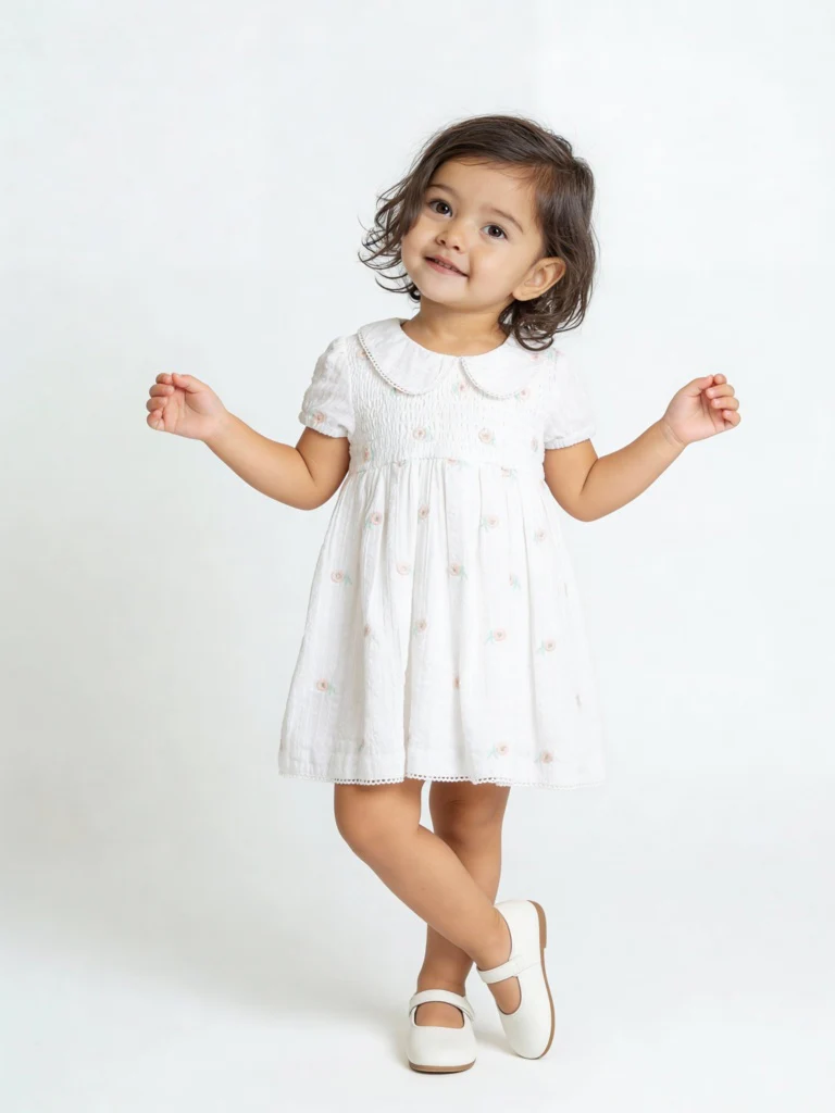 HOP Baby Girls White Floral Printed A-Line Cotton Dress