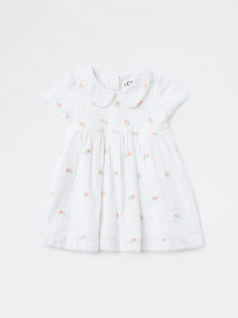 HOP Baby Girls White Floral Printed A-Line Cotton Dress - Image 2