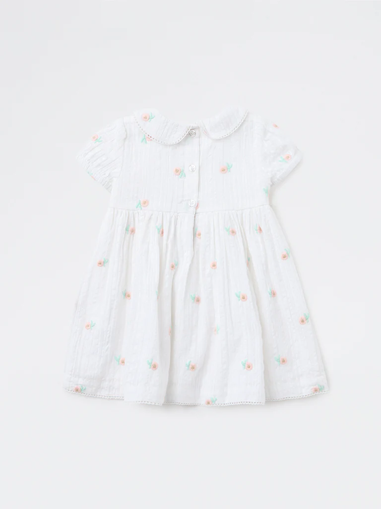 HOP Baby Girls White Floral Printed A-Line Cotton Dress - Image 3