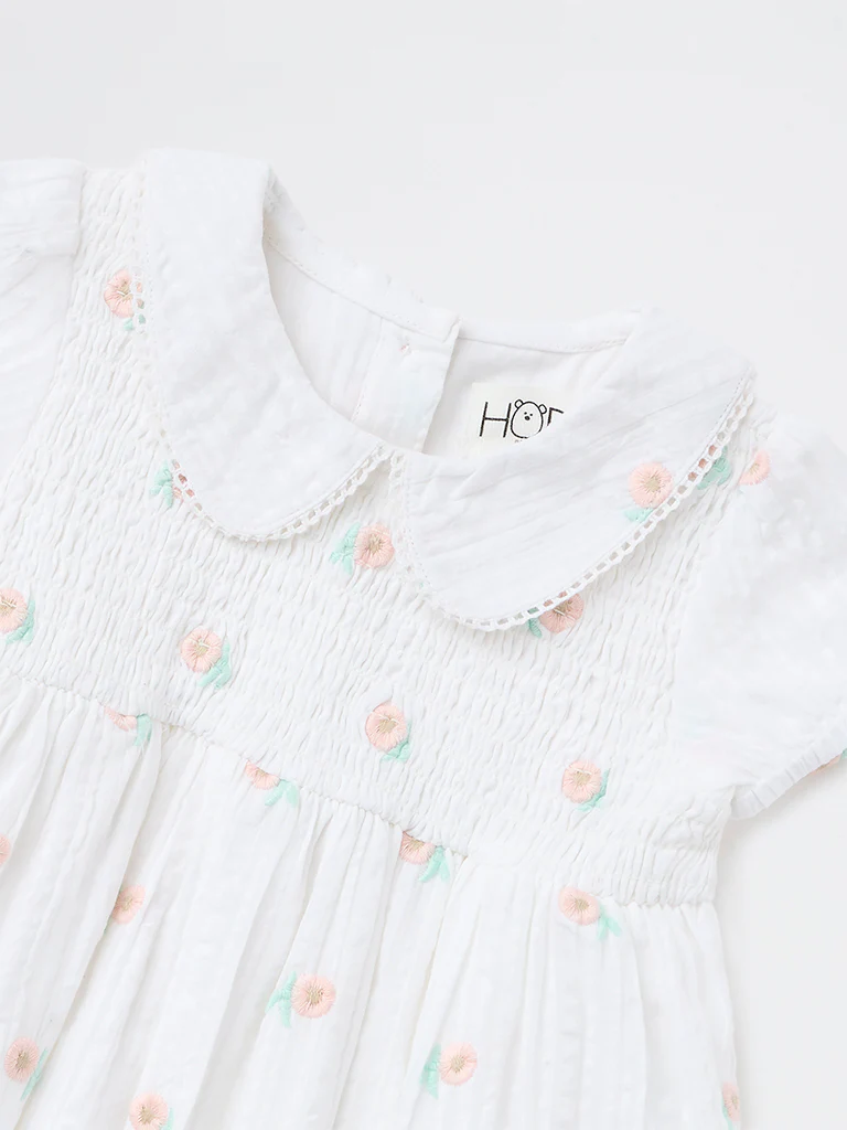 HOP Baby Girls White Floral Printed A-Line Cotton Dress - Image 4