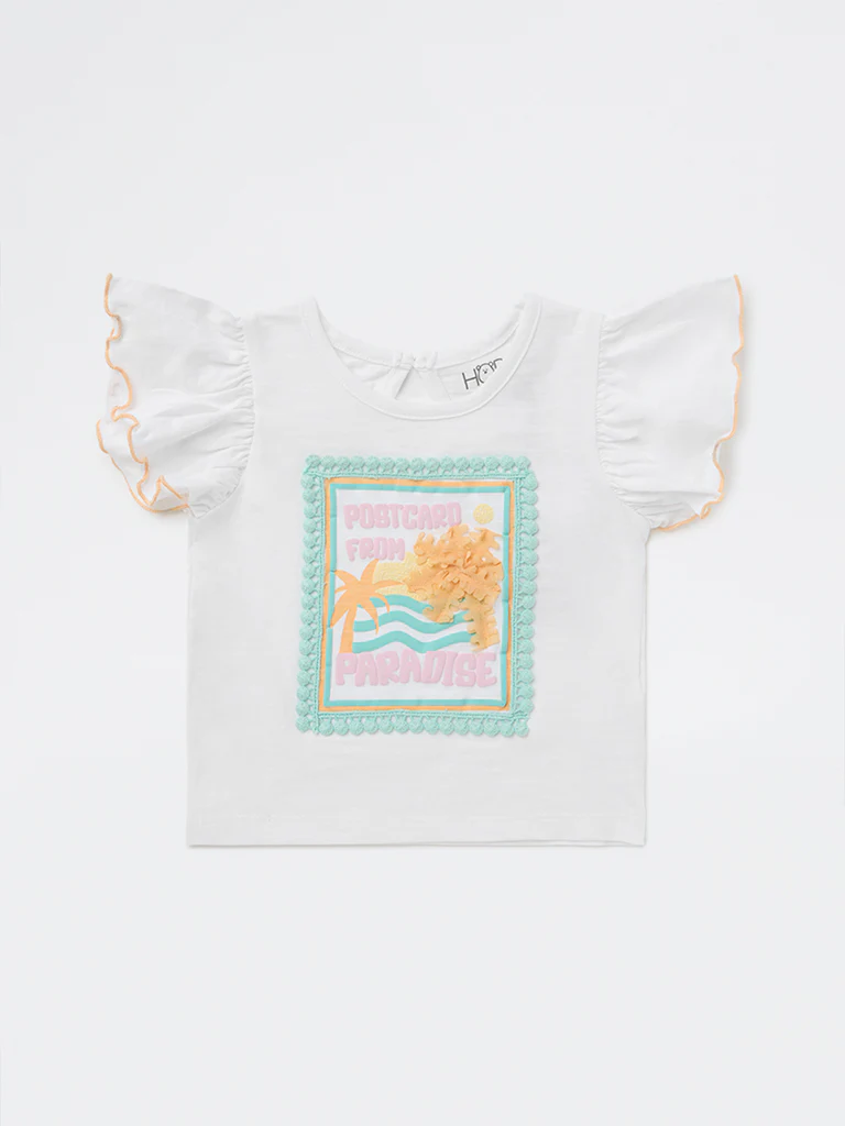 HOP Baby Girls White Graphic Printed Cotton Top - Image 2