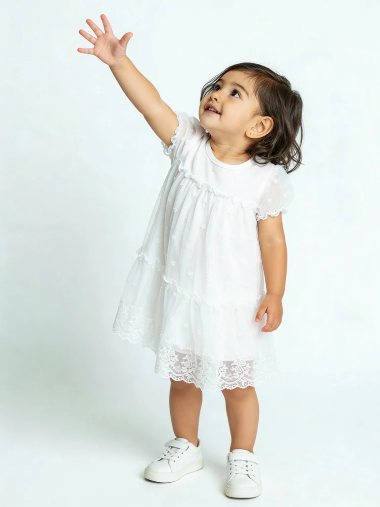 HOP Baby Girls White Lace Detailed Tiered Dress