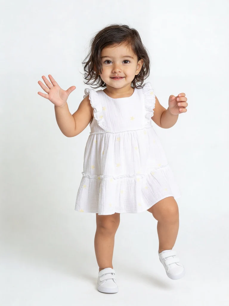 HOP Baby Girls White Printed Cotton A-line Dress