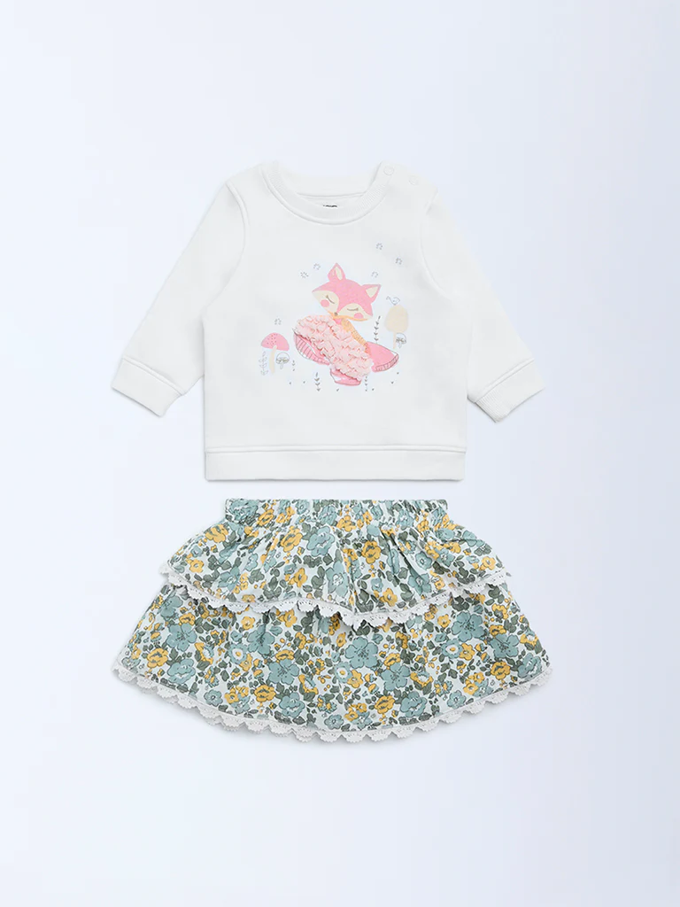 HOP Baby Girls White Printed Cotton-Blend Sweatshirt and Skirt Set - Image 2