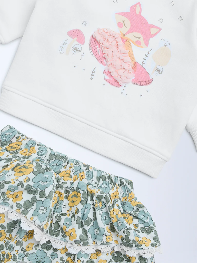 HOP Baby Girls White Printed Cotton-Blend Sweatshirt and Skirt Set - Image 4
