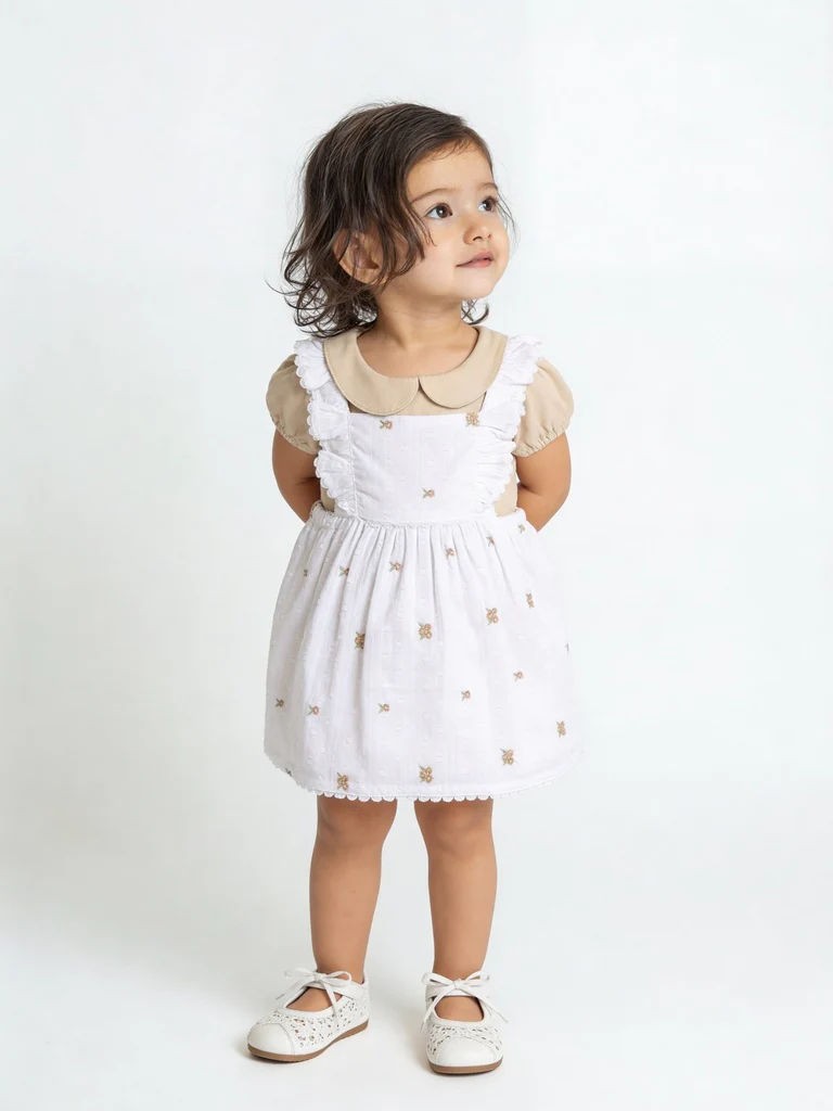 HOP Baby Girls White Printed Cotton Pinafore and T-Shirt Set