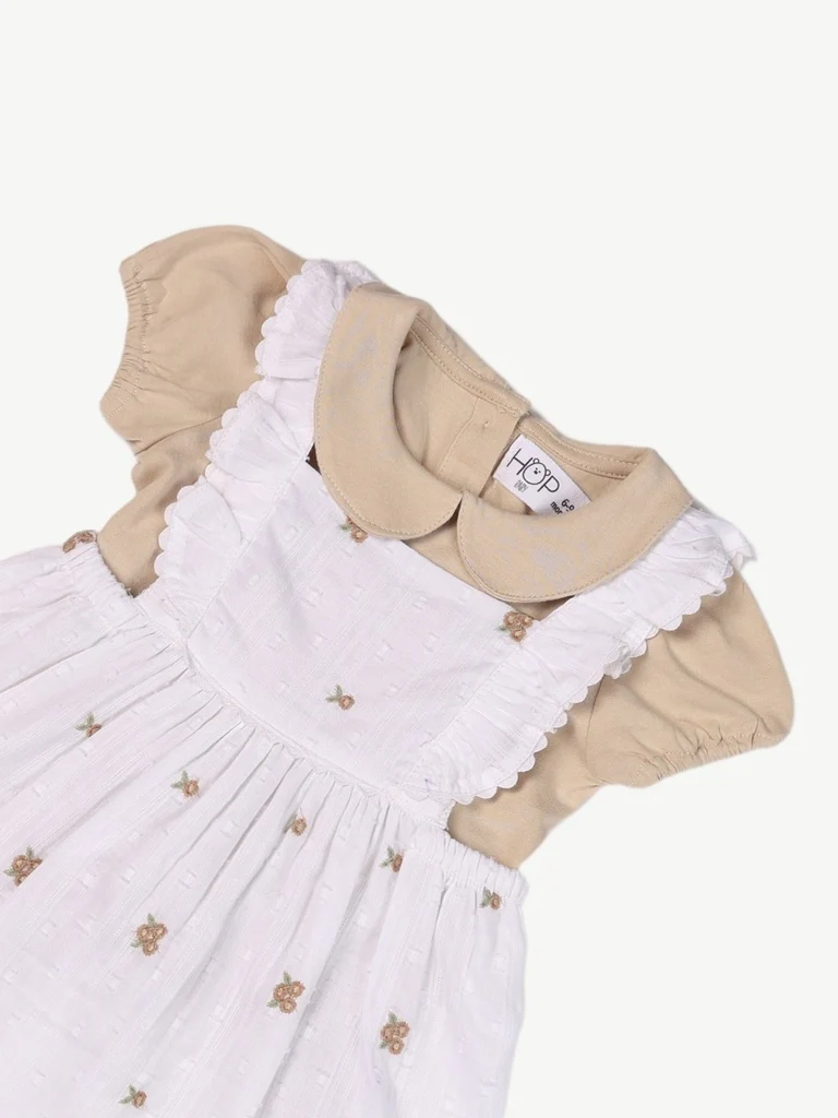 HOP Baby Girls White Printed Cotton Pinafore and T-Shirt Set - Image 4