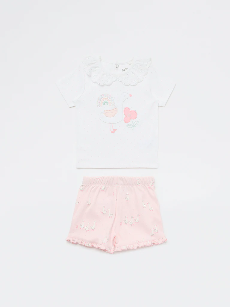 HOP Baby Girls White Printed Cotton T-Shirt and Shorts Set - Image 2